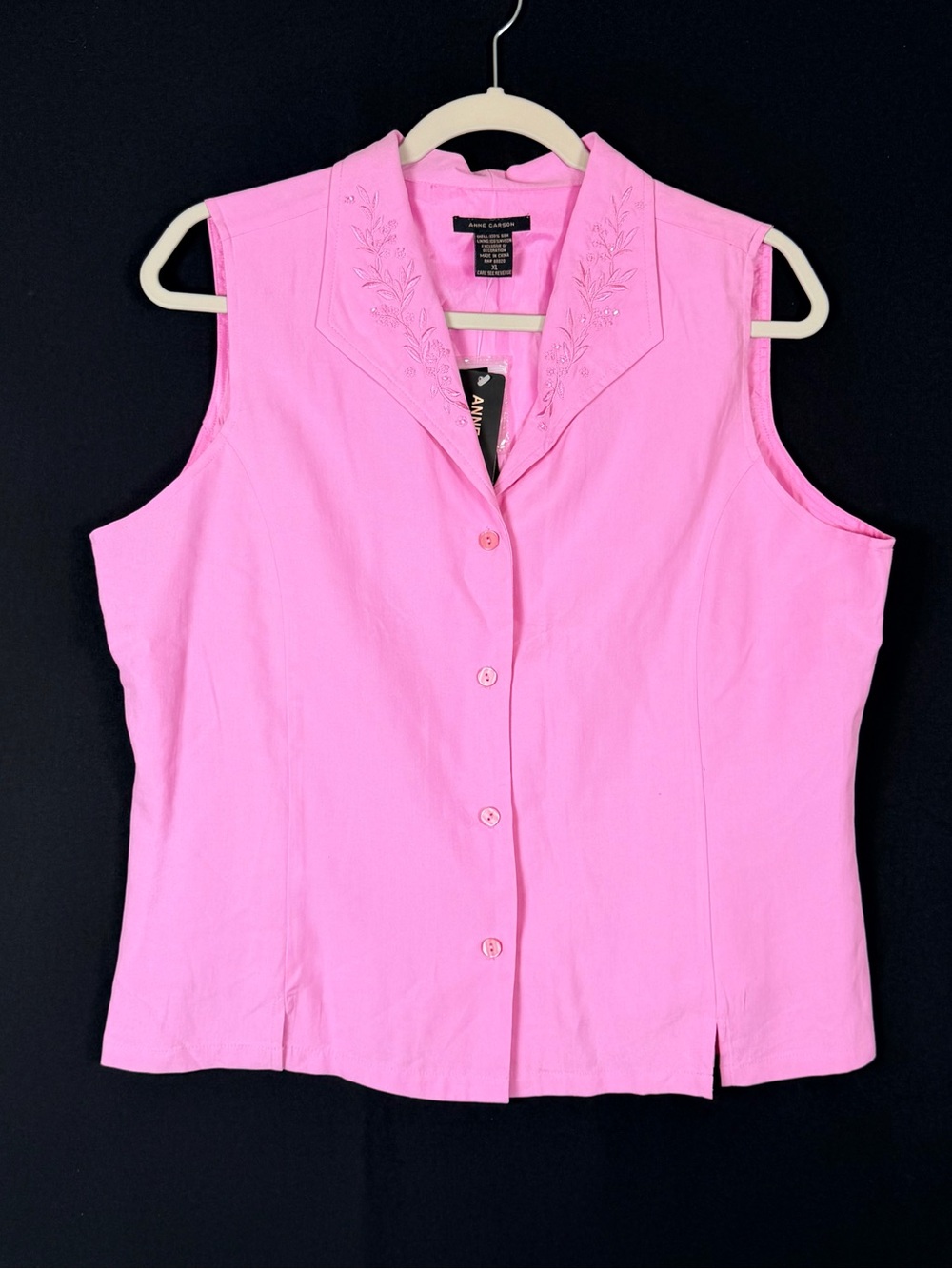Anne Carson Bright Pink Silk Sleeveless Embroidered Button-Up Blouse